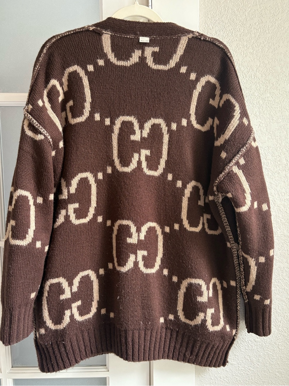 GG Monogram Women's Reversible 2 Sided Cardigan - Tan & Brown - Size Medium - Picture 11 of 12